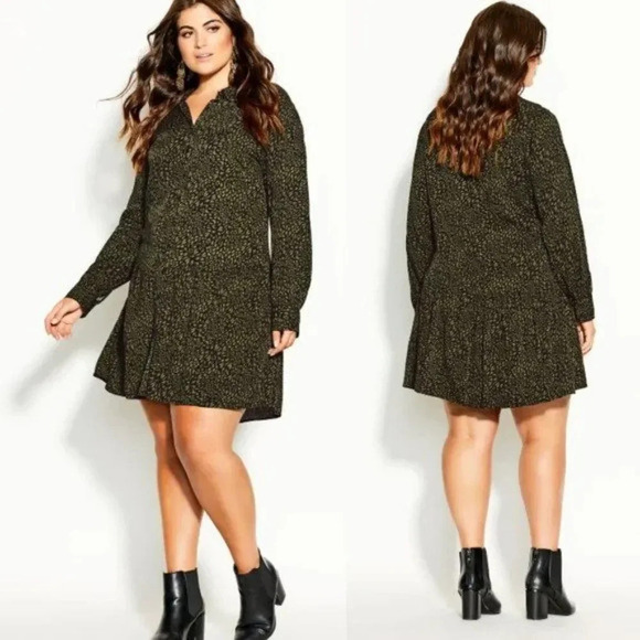 NWT CITY CHIC Animal Print Button Down Shirt Dress Green Size 20 Mini Skin - Picture 1 of 9